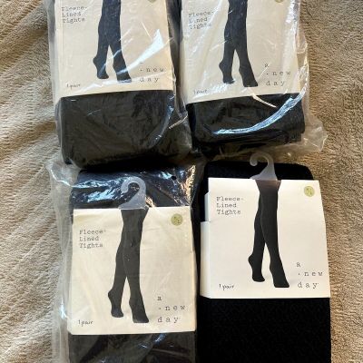 4 Pair Diamond Textured Fleece Lined Tights Ebony Black Size M/L NIP